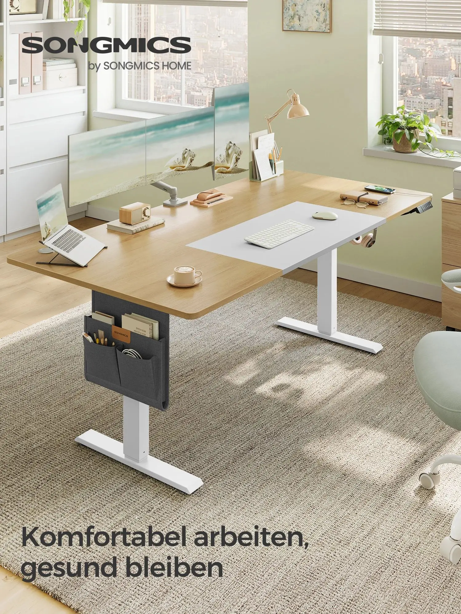 SONGMICS Höhenverstellbarer Stehtisch, 180 x 80 cm, Memory-Funktion, USB-C-Anschluss
