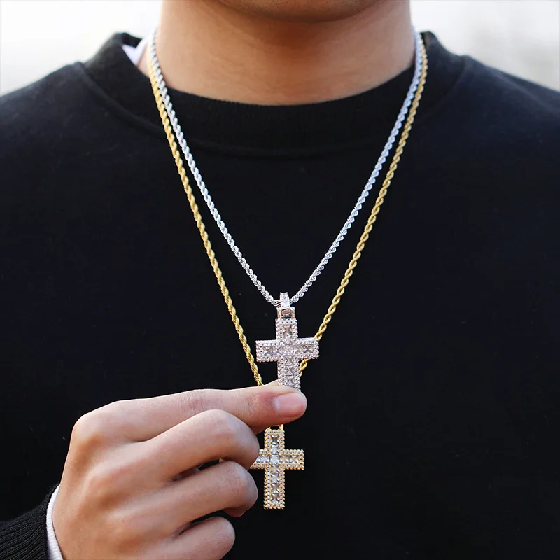 Hip Hop Claw Setting 5A+ Cubic Zirconia Bing Iced Out Cross Pendants Necklace for Men Rapper Jewelry Gold Silver Color Gift