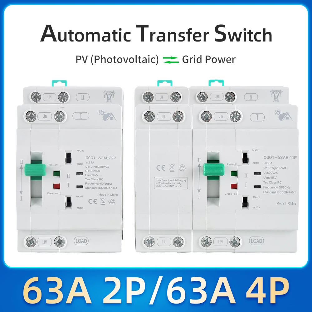 GEYA G2R Din Rail 2P 4P ATS Dual Power Automatic Transfer Switch Electrical Selector Switches Uninterrupted Power 63A 110V 220V