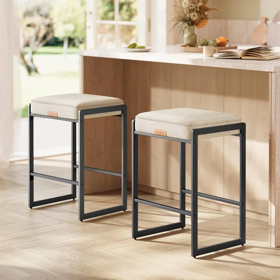 Collection Set of 2 Counter Height Bar Stools with Synthetic Leather and Stitching MidCentury Modern Design 26Inch Tall Id