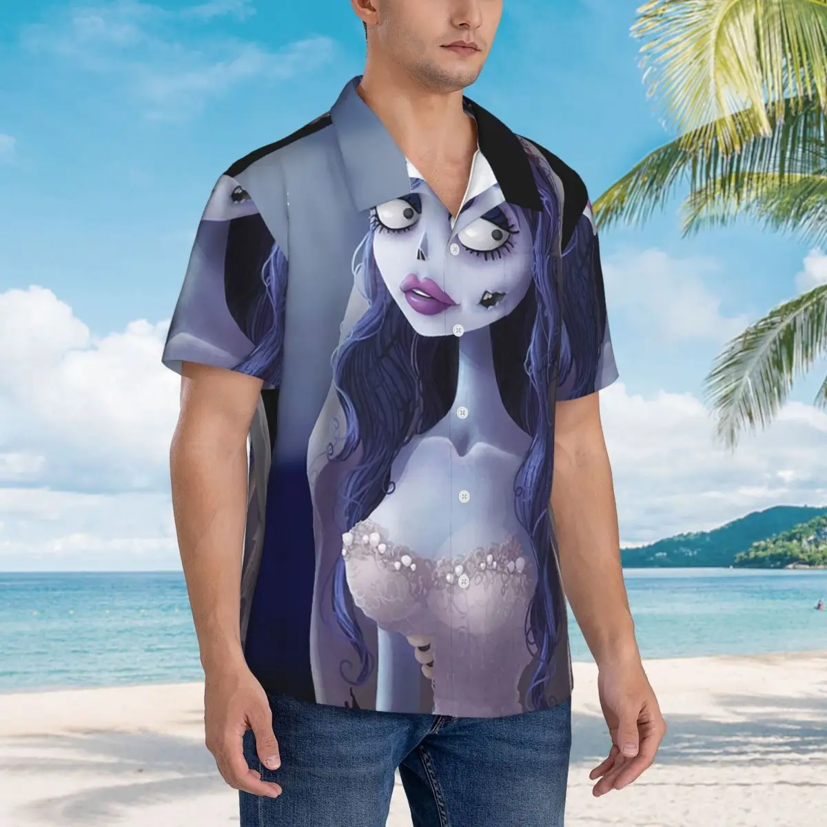 

Emily The Corpse Bride Hawaiian Shirts Funny Men Short Sleeve Shirt for Summer Beach Men's Button Tops
