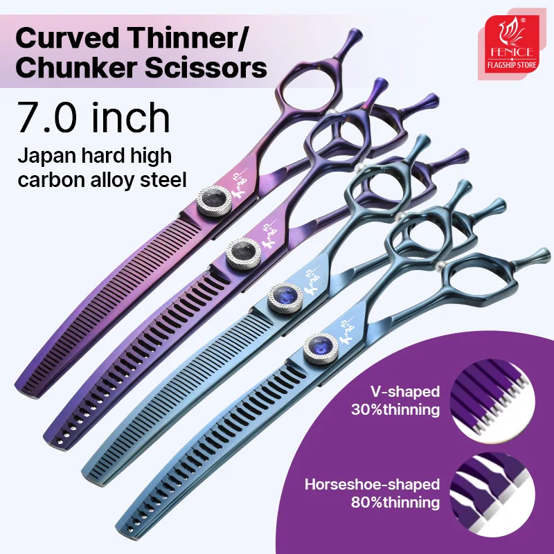 Fenice High-end 7.0 inch JP440C Dog Grooming Curved Thinning&Chunker Scissors, King Series, Pet Shears for Pet Groomer