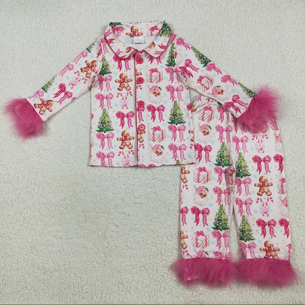

Boutique Baby Girls Pajamas Pink Long Sleeve With Fur Bows Gingerbread Christmas Trees Button Top Pants Sleepwear Sets Hot Sale