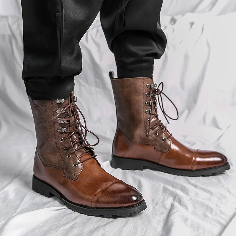 Ankle Boots for Men Brown Black Business Round Toe Lace-up Pu Mens Boots Size 38-48 Motorcycle Boots