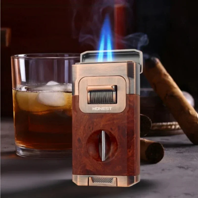 HONEST Brand Dual-flame Powerful  Cigar Lighter with Cigar Cutter Metal Butane Inflatable Lighter Men\'s Smoking Accessories