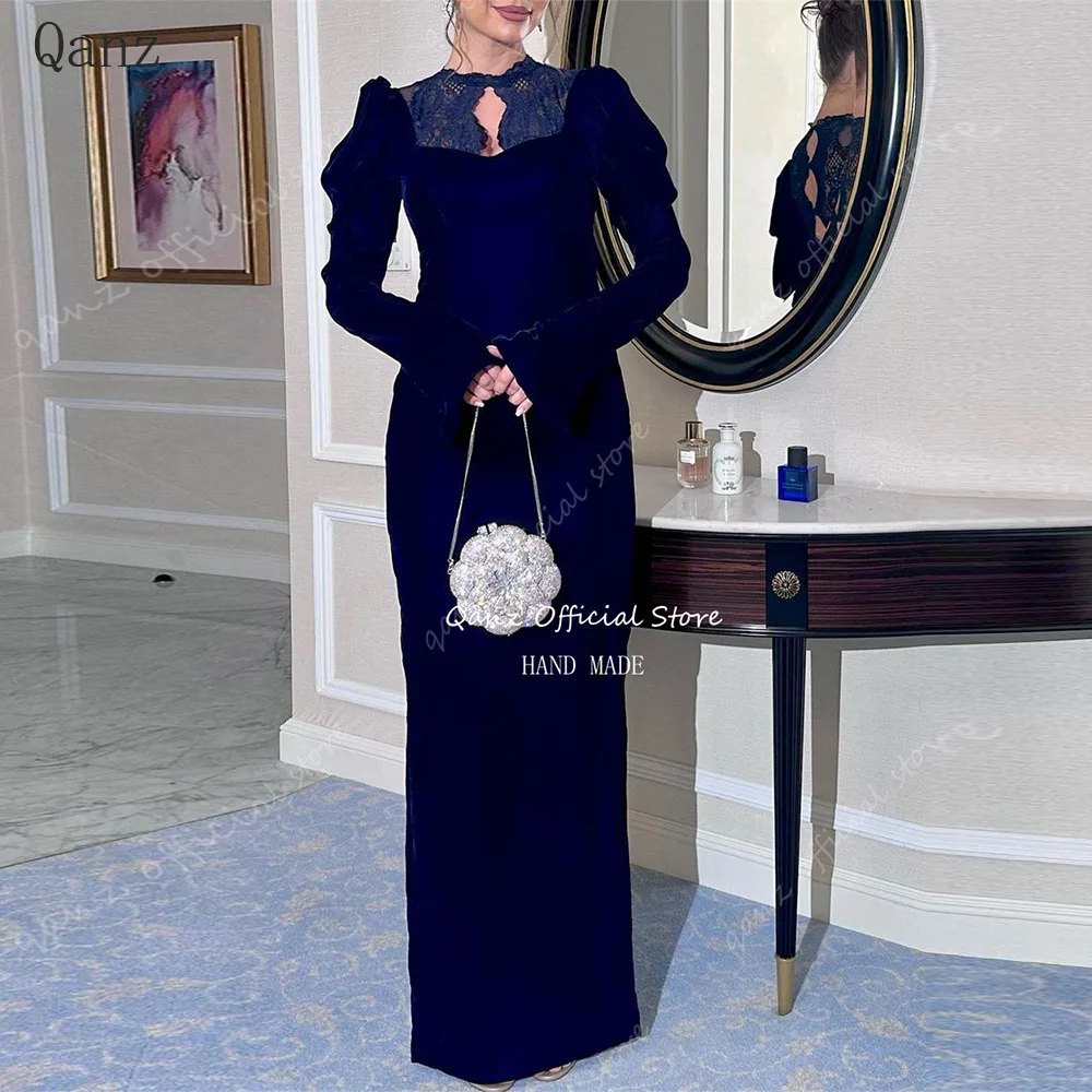 

Qanz Navy Blue Lace Arabia Evening Dresses Vintage Velour Long Sleeves Dubai Prom Dress Mermaid Floor Length Special Occassion