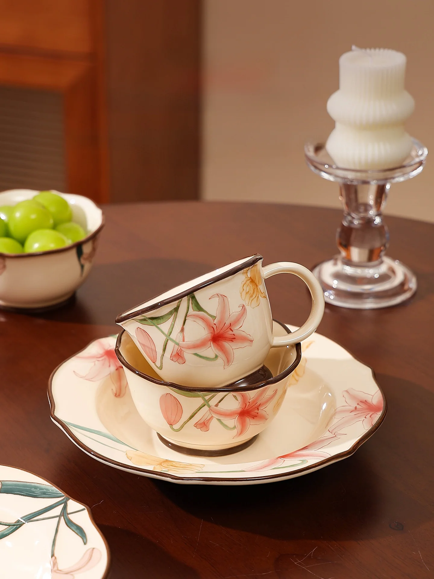 Juego de Vajilla de Cerámica Estilo Retro Deer Valley River, Taza para Beber Agua, Plato para Frutas, Forma Redonda, Juego de Vajilla con Diseño Floral