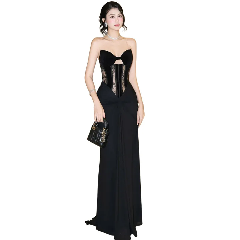 高級エレガンスブラックボディコンマーメイドドレス女性のためのフレンチシアーレースストラップレスコールドショルダーフォーマルパーティープロムドレスローブ