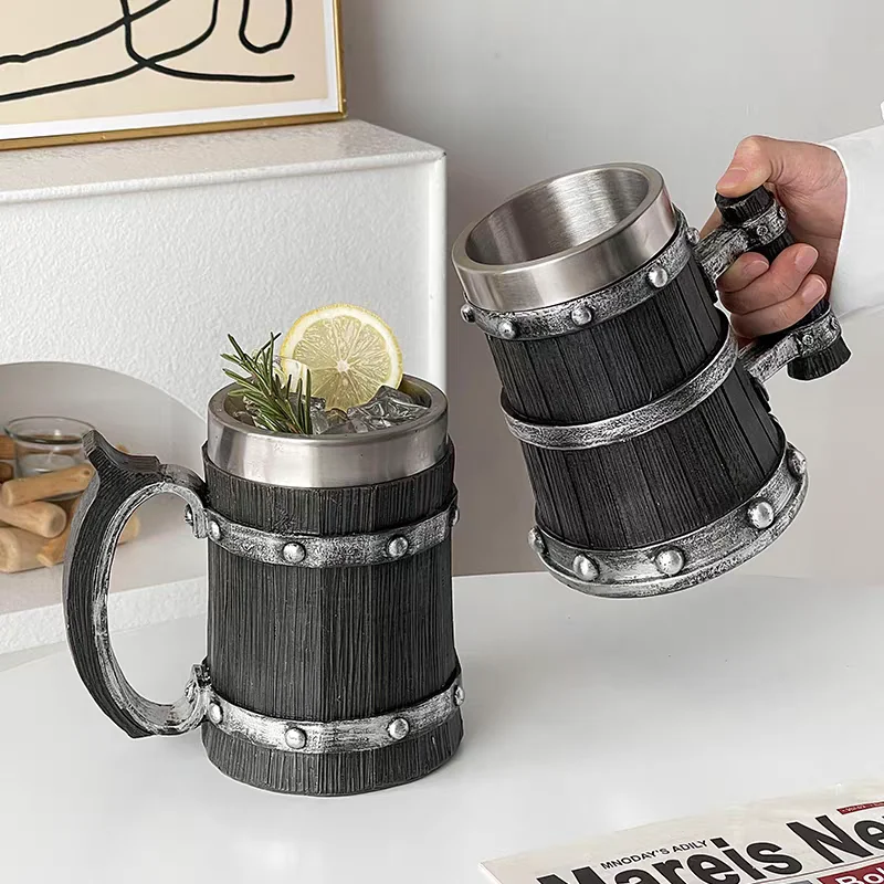 

600 мл деревянная пивная кружка в стиле викингов, 3D смола, кофейная чашка из нержавеющей стали, бокал для вина, металлический пивной кувшин с двойными стенками, термобарная посуда