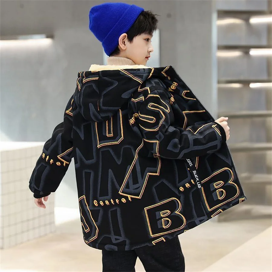 4 6 8 10 12 14 Years Big Boys Jacket Autumn Winter Thicken Warm Teenager Kids Jackets Fashion Long Style Zipper Hooded Boys Coat