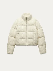 2024 Autumn/Winter Women Stand-Up Collar White Knitted Padded Jacket Female Fashion Jacket