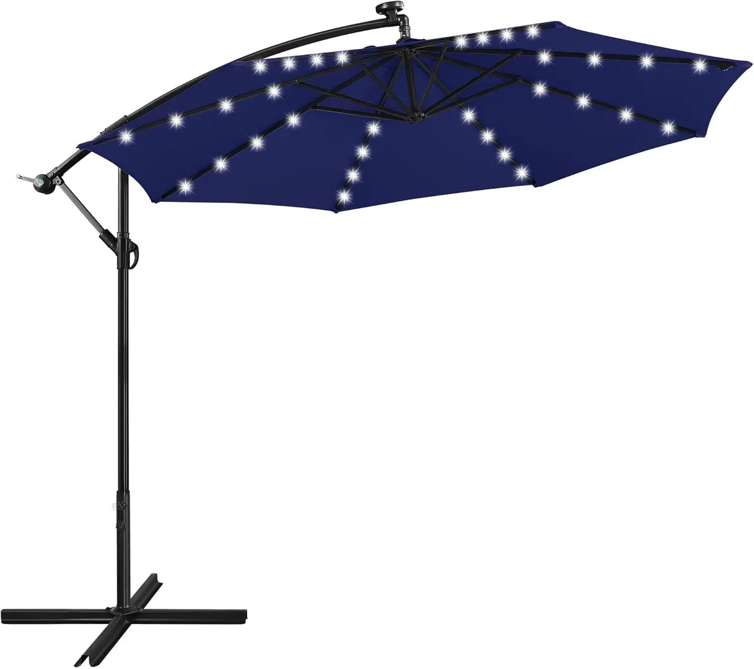 10FT Solar Offset Umbrella with 32 LED Lights Cantilever Hanging Outdoor Umbrellas Handy Crank & Cross Base