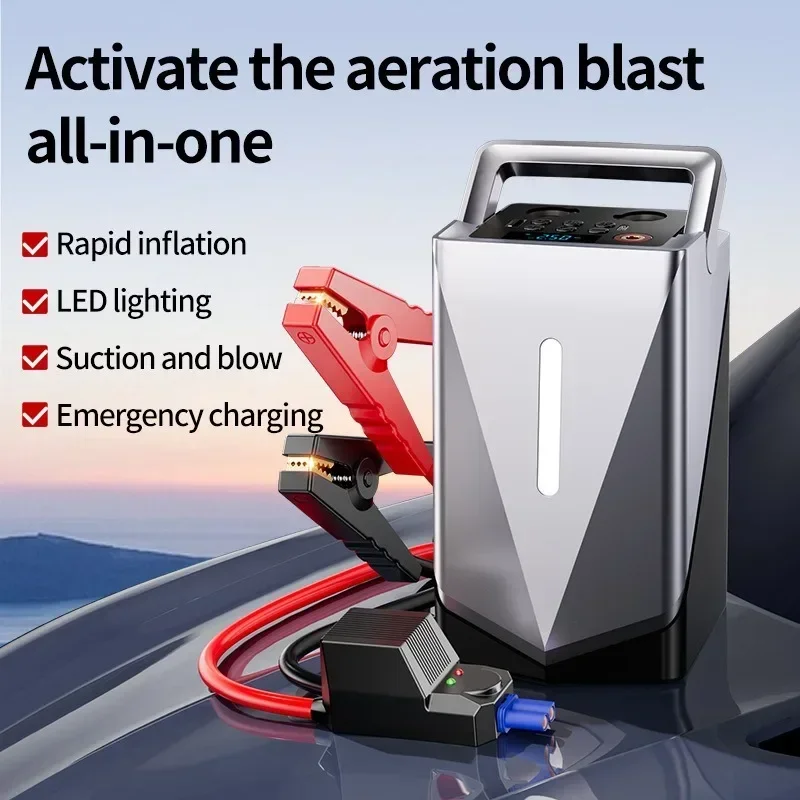 Car Battery Starting Device Car Jump Starter with Air Compressor LCD Screen All-in-one Suction  Blow Portable Booster Charger