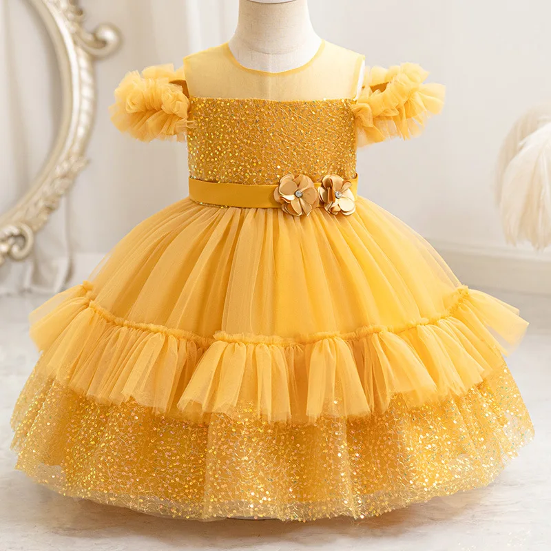 

HETISO Toddler Baby Sequin Party Wedding Dresses 1 Year Birthday Tutu Princess Gown For Child Lace Layered Cute Bow 2 4 Years