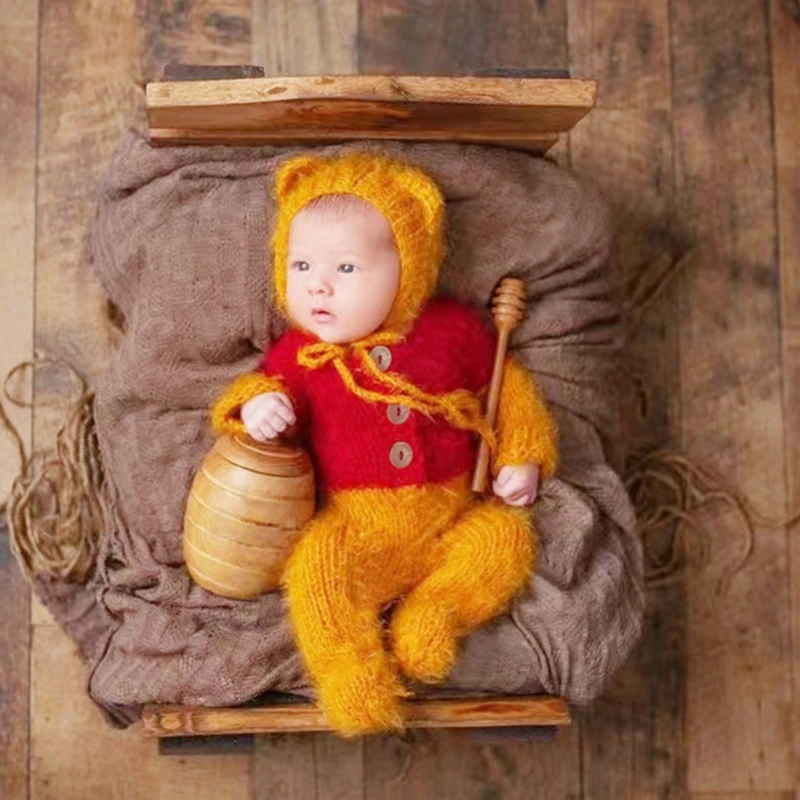 Mohair Footed Romper & Bear Hat Bonnet Bodysuit Photoshoot Costume Set Newborn Photography Props Boys Girls Outfits