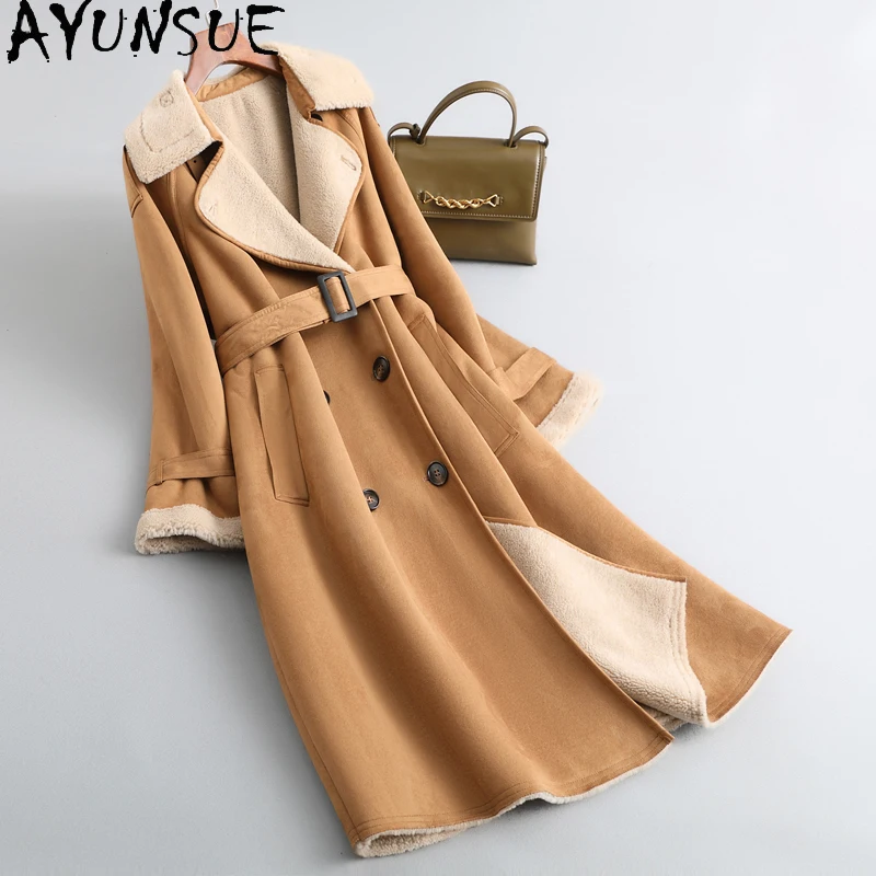 AYUNSUE 2023 High Quality Wool Coat Women Fall Clothing 100% Sheep Shearing Jacket Elegant Belt Ladies Winter Coats and Jackets