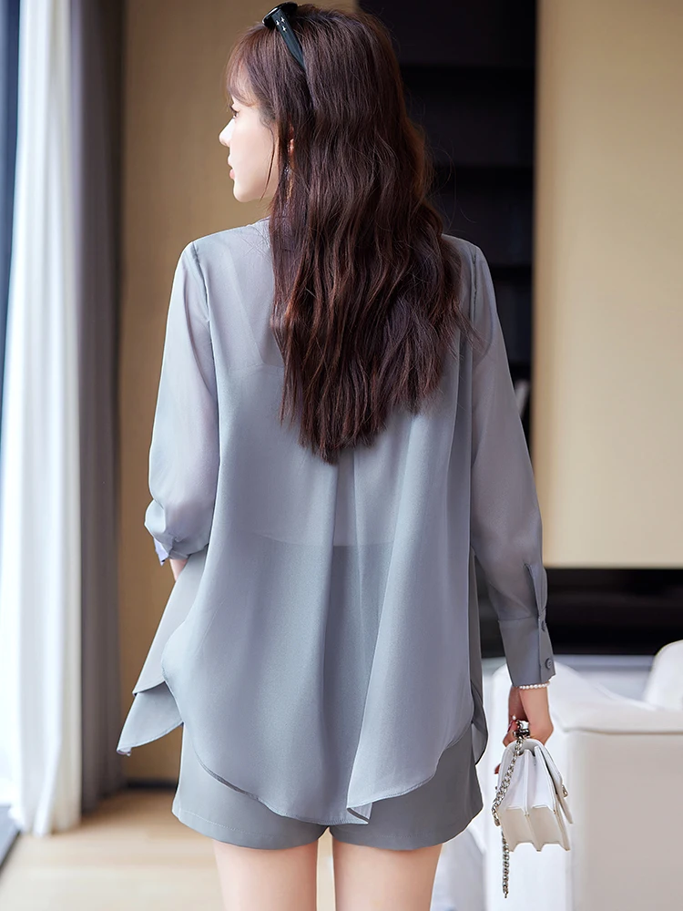 

Gray Suit Jacket Women's High-End Summer Thin Loose Casual Short Set Polyester Fiber Long Sleeve Double Button Pure Color