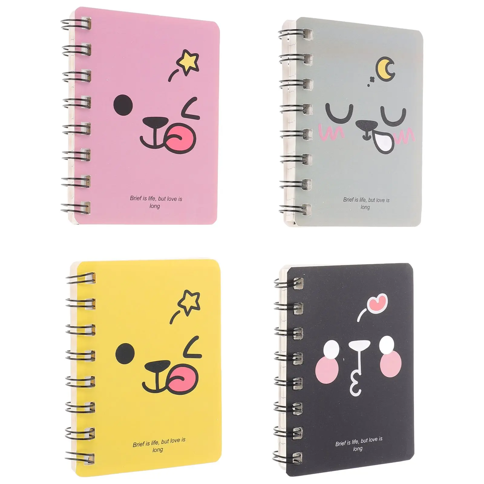 4pcs Mini Cartoon Mini Notebook Diary Book Portable Notepad Pocket Travel Journal Notebook (Pink + Yellow + Gray + Black)