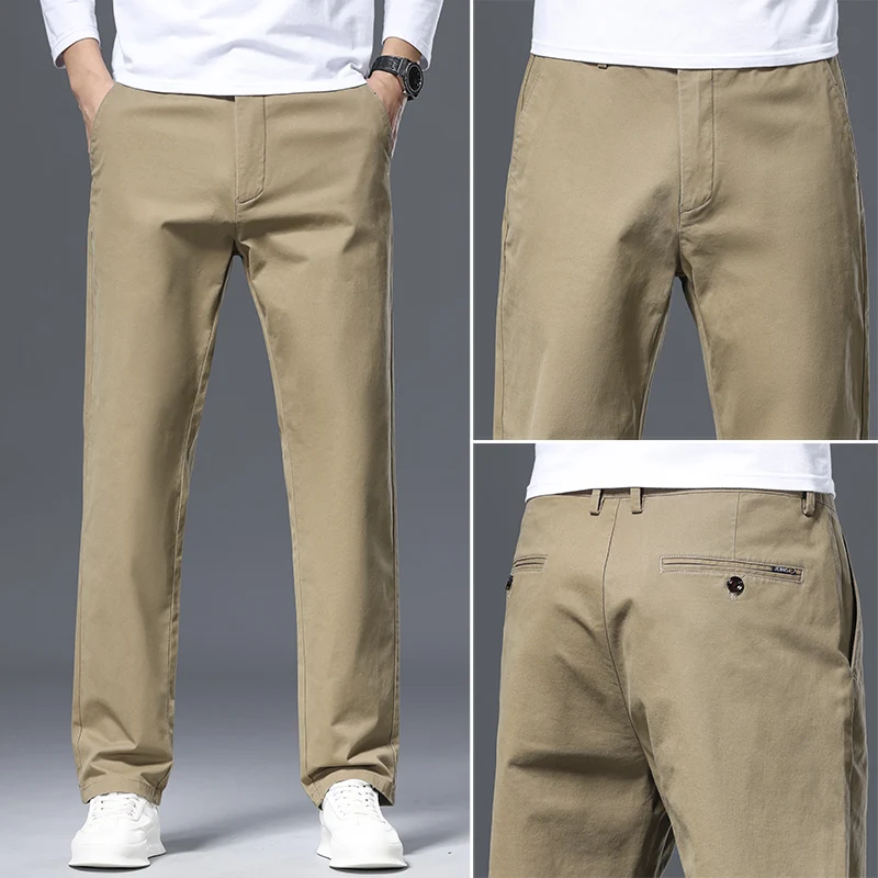 

Khaki Cotton Casual Pants Men Spring Autumn Premium Straight Comfort Design Business Casual Mens Fashion Stretchy Fit Long Pants
