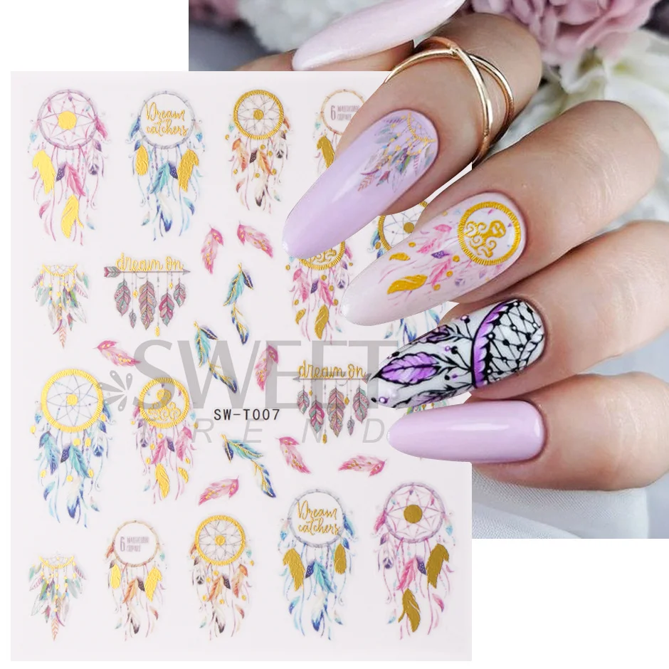 Holographic Dream Catcher Feather Boho Stickers Nail Art Decals Watercolor Unique Nails Sliders Polish Decor Accessories SASW-T