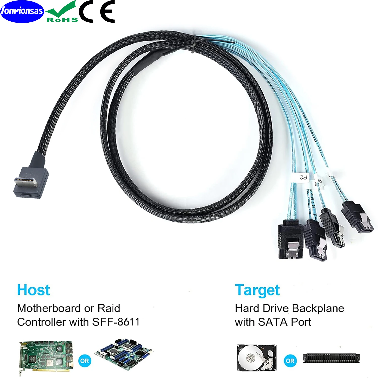 LONRIONSAS# OcuLink PCIe PCI-Express SFF-8611 4i 42P male 90 degree to 4X SATA 7P female straight SSD Data Active Cable