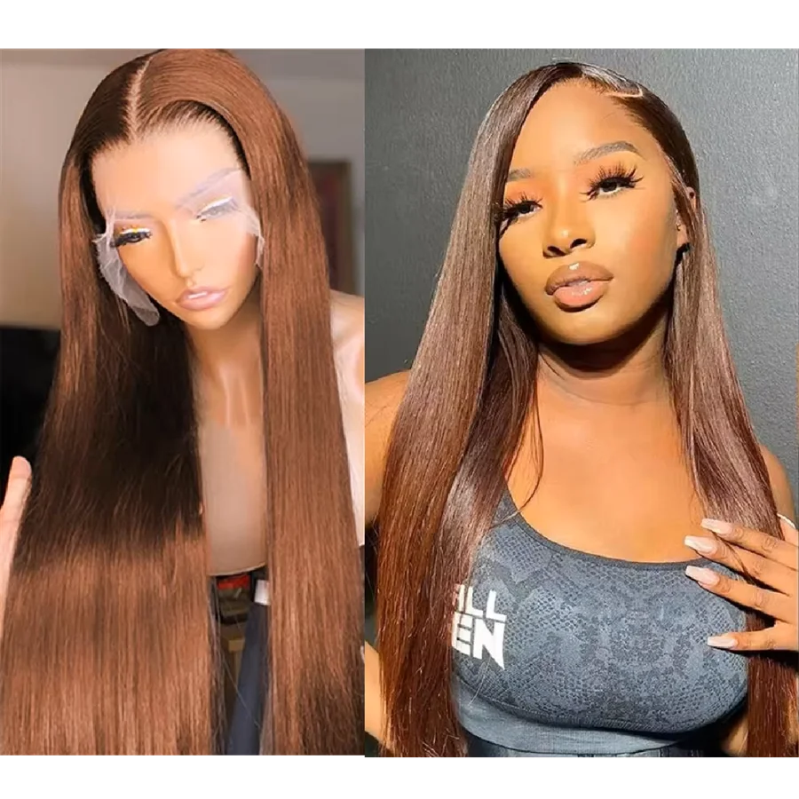 36 Inches Chocolate Brown Lace Front  Wig Pre Plucked Dark Brown Bone Straight 13x4 13x6 HD 200% Lace Frontal Wigs
