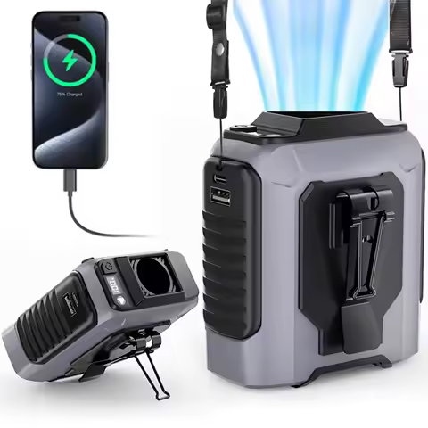 2026 Summer Waist Fan Portable Handheld Hanging Neck Fan Ultra-Strong Wind with Phone Charging LED Light for Outdoor Working