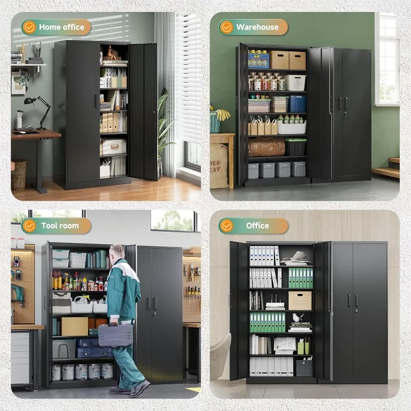 خزائن تخزين جراج معدنية مع قفل-72 خزائن فولاذية لتنظيم الأدوات الطويلة، 5 أرفف بطبقات قابلة للتعديل للمنزل والمكتب #6