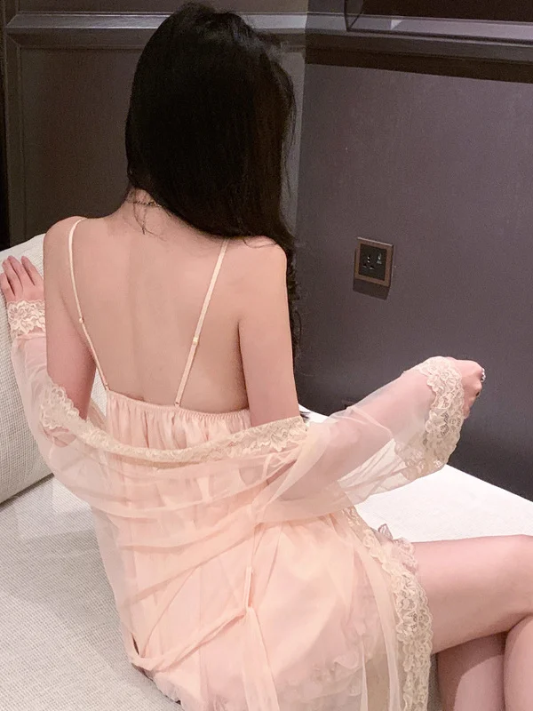 2025 New Sweet Lace Deep V Ne Padded Brtte Che Robe Set Women's Home Clothes Set Sexy Sle Four Seasons Universal