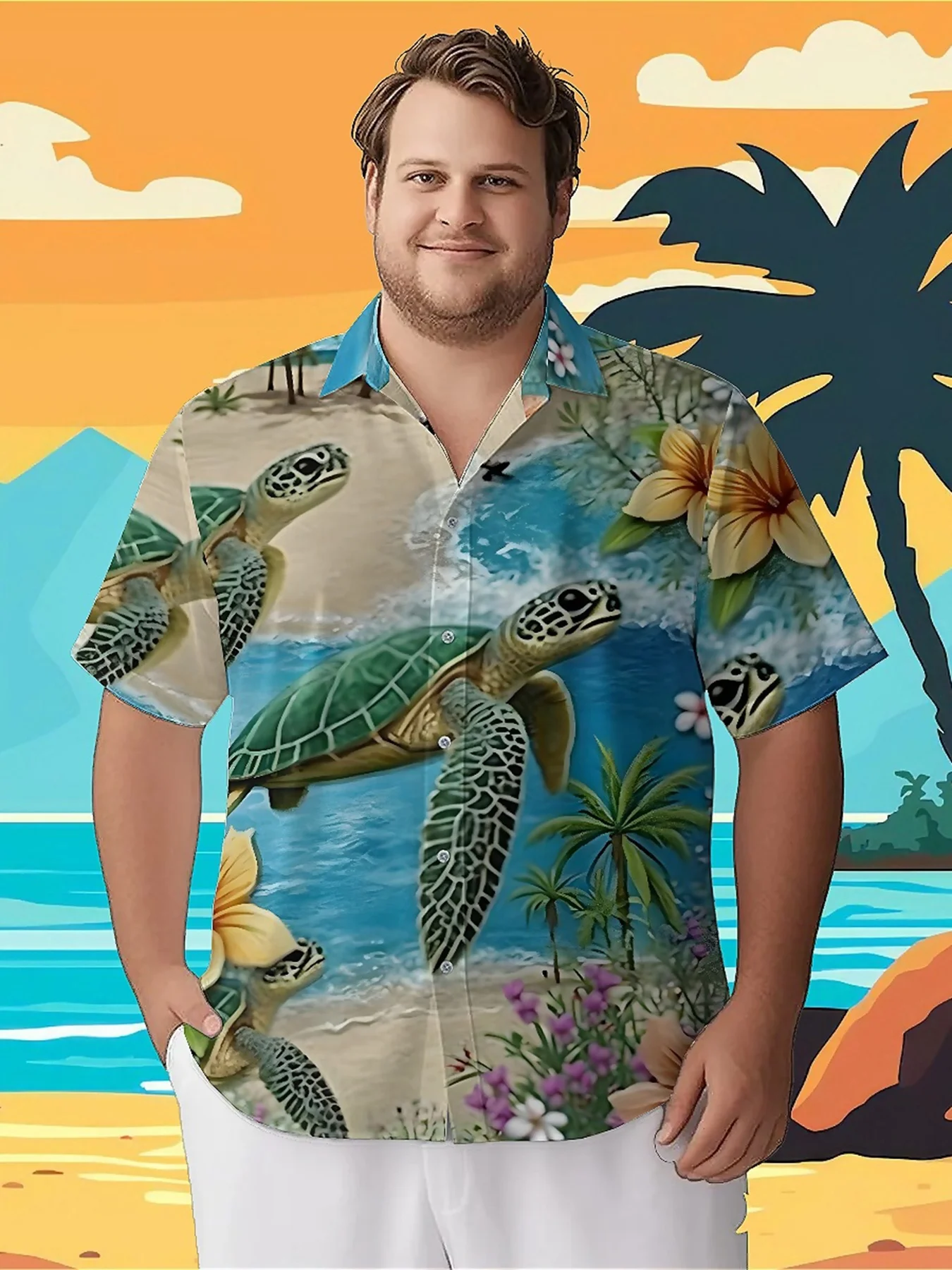 

Men's Plus Size Hawaiian Shirts Tropical Beach Turtles pattern, Button Up Shirts, Unisex Casual Clothing, Summer Tops