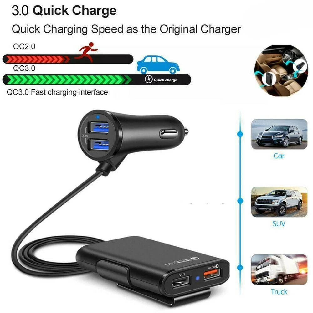 Car Charger 4 Port USB Hub Extending 1.7m/5.6ft Extension Cable Passenger Front Back Car Fast Charging