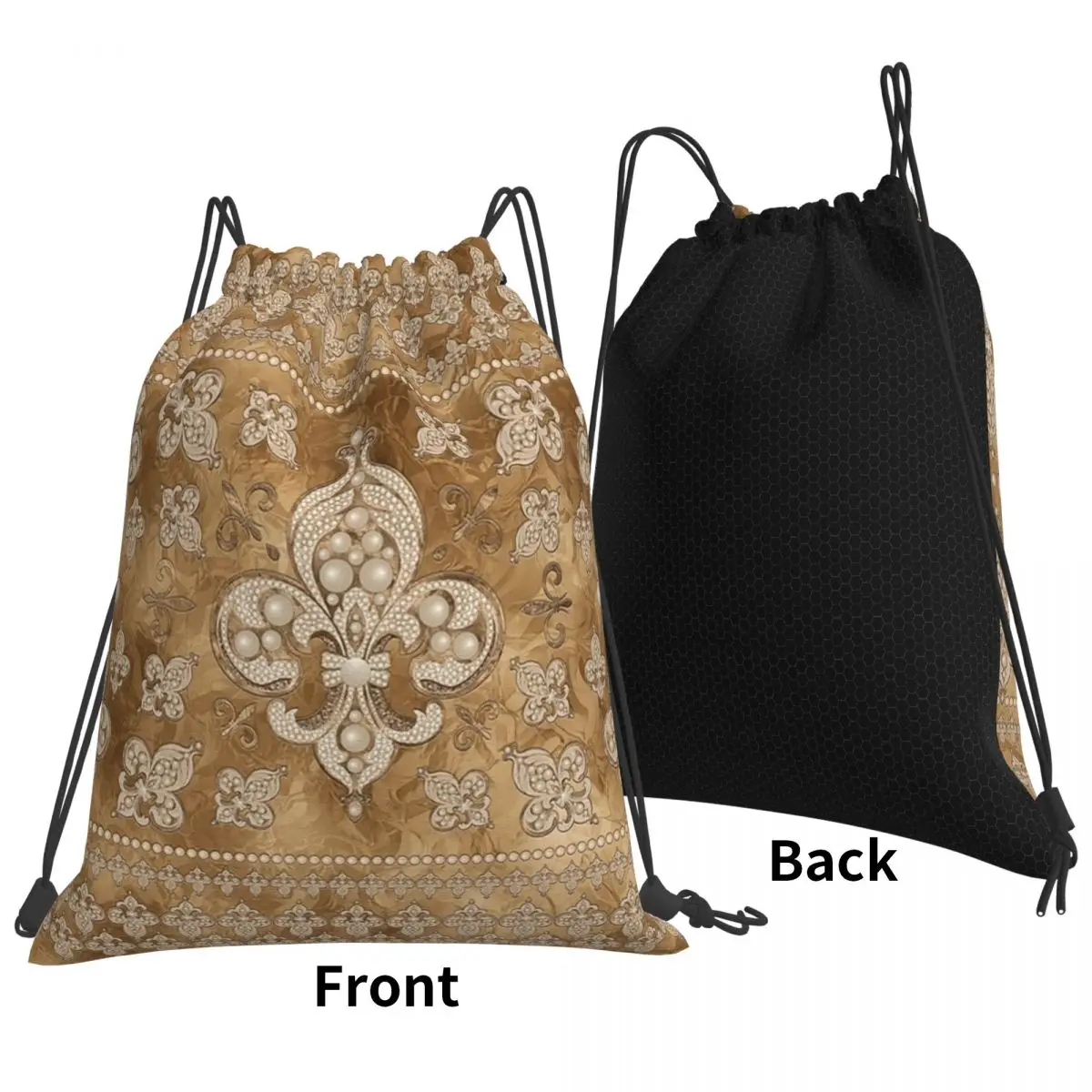 Fleur-de-lis Luxury Pearl And Gold Backpacks Portable Drawstring Bags Sports Bag Book Bags for Travel Students