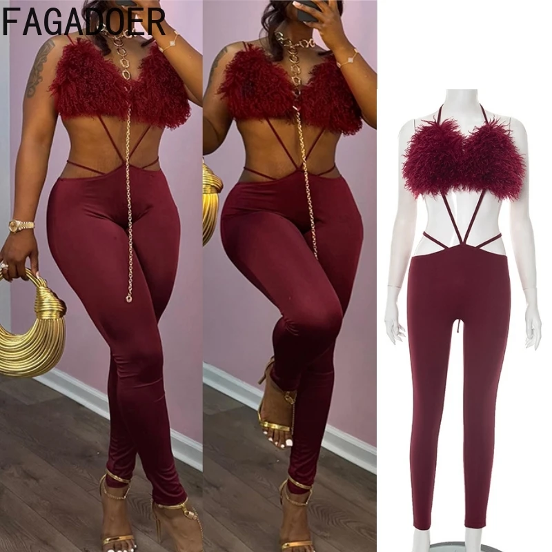 

FAGADOER Sexy Fur Patchwork Bodycon Jumpsuits for Woman Spaghetti Strap Backless Bandage Rompers Female Streetwear Overalls New