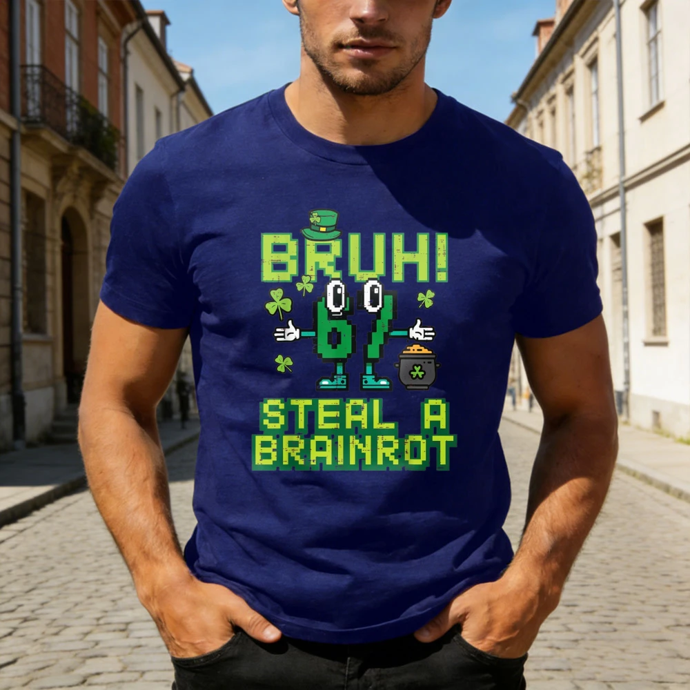 St Patrick's Day Bruh Steal A Brainrot Funny Pixel Art Men T-Shirt Party Wear Apparel Cotton Casual Streetwear Tops