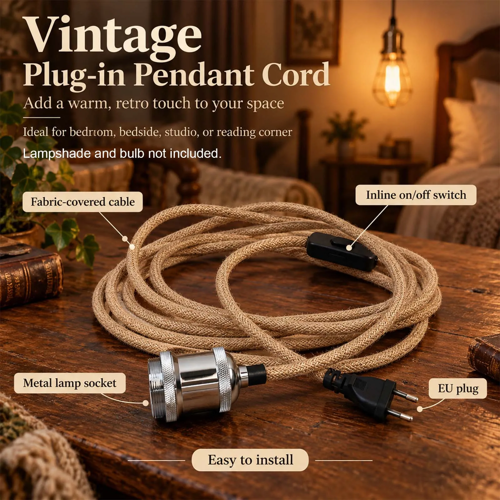Plug-in Pendant Cord, Fabric Covered Cable, Chrome E27 Socket, Inline Switch, EU Plug, Vintage, Bedroom, Studio
