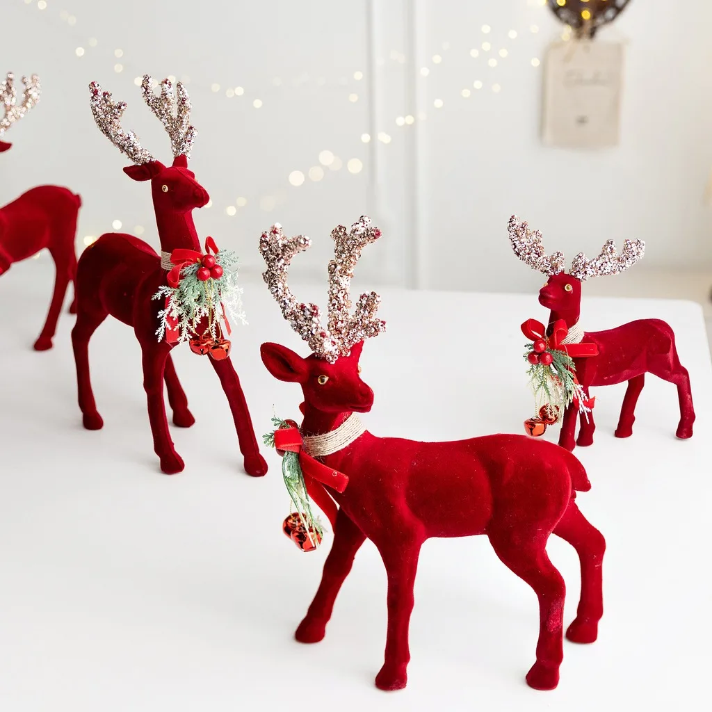 Burgundy Flocked Reindeer Figurine Glitter Antlers Christmas Desktop Ornament For New Year Home Holiday Party Decoration