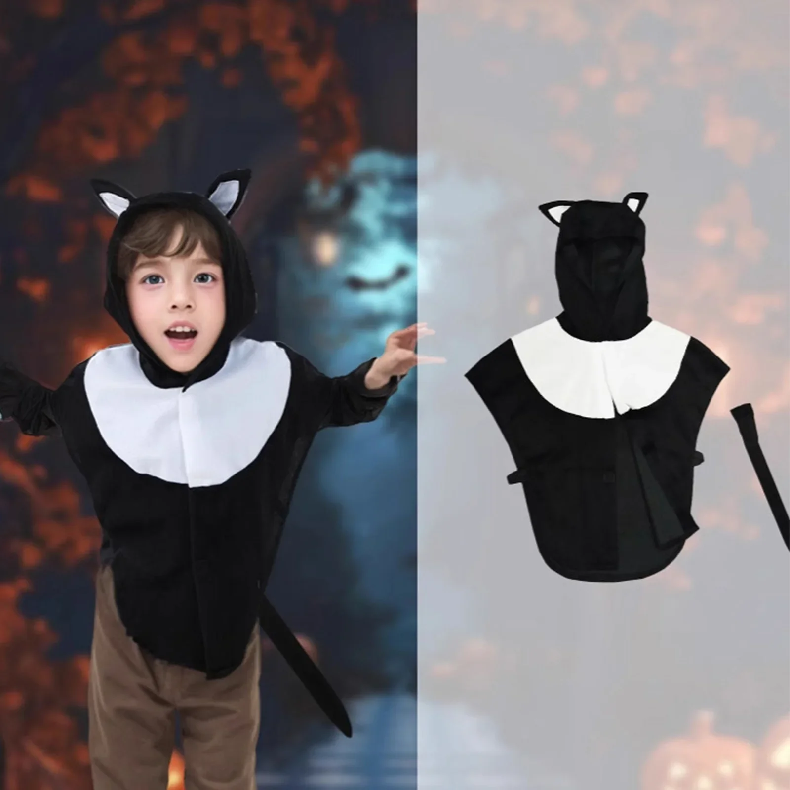 

2025 Halloween Costumes d'animaux pour enfants, capes, cosplay, chats noirs et blancs, costumes de fête de carnaval d'Halloween