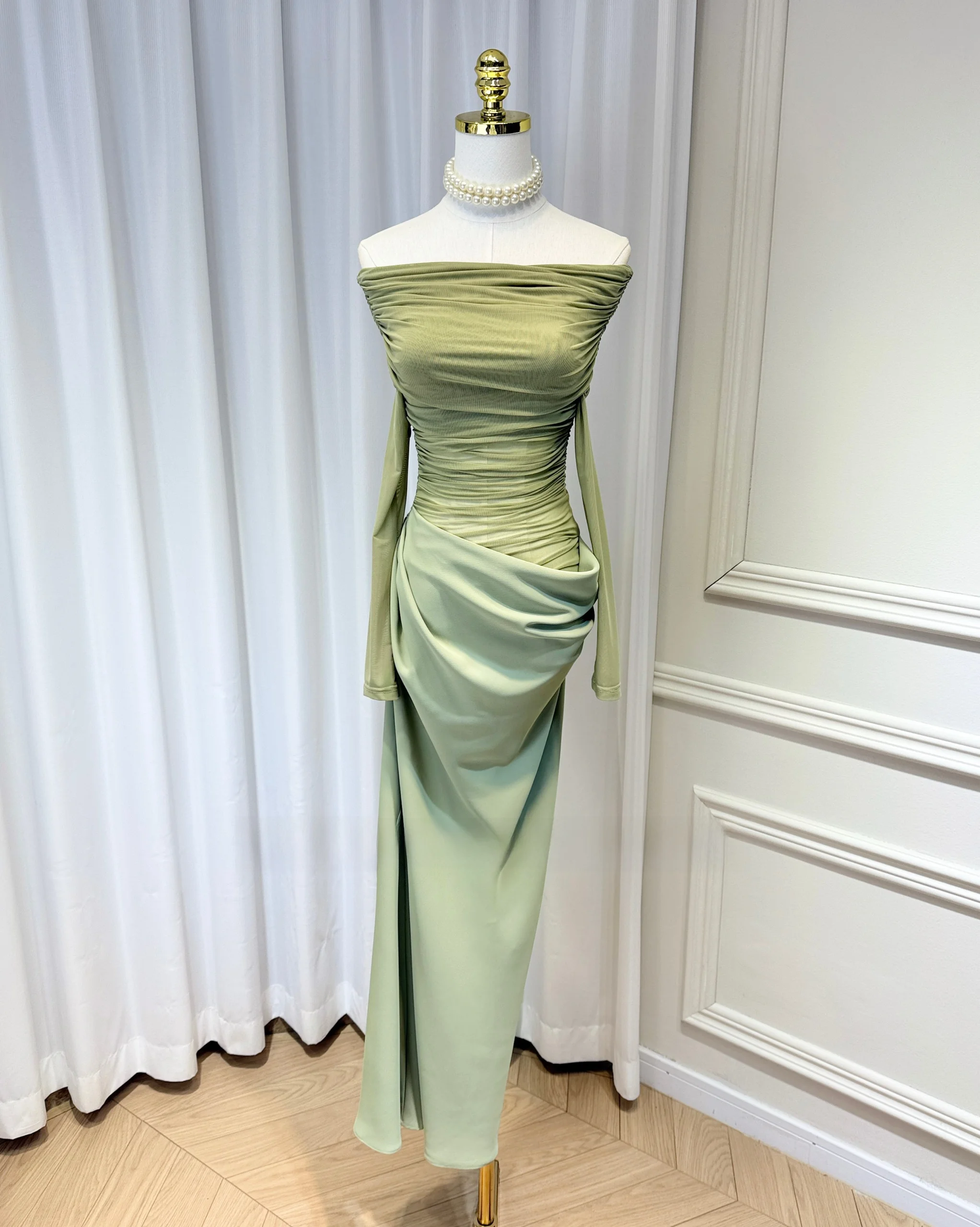 

High-End Design One-oulder Tight Micro-Light Elastic Soft Gauze Splice Pleated Slim Long Dr Dr Ele Sle