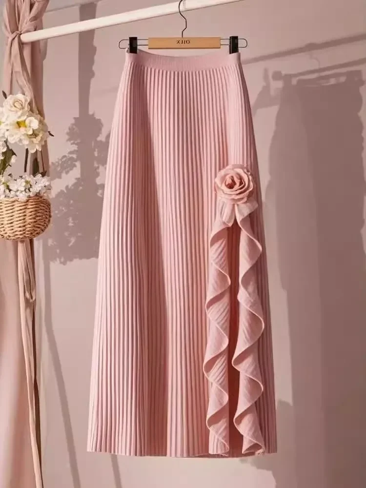 Spring Women High Quality Chiffon Pleated Skirt Sweet Maxi Midi Long Pink Rose Irregular A-line Skirts Vintage Women Y2K Clothes