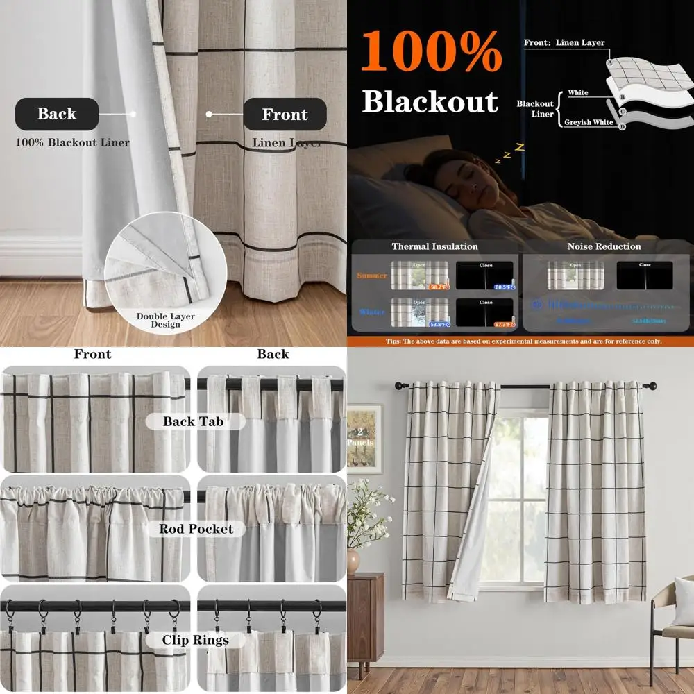 

Затемняющие плед-льняные шторы с термоизоляцией, длина 72, 52, 2 панели, черные для спальни/гостиной