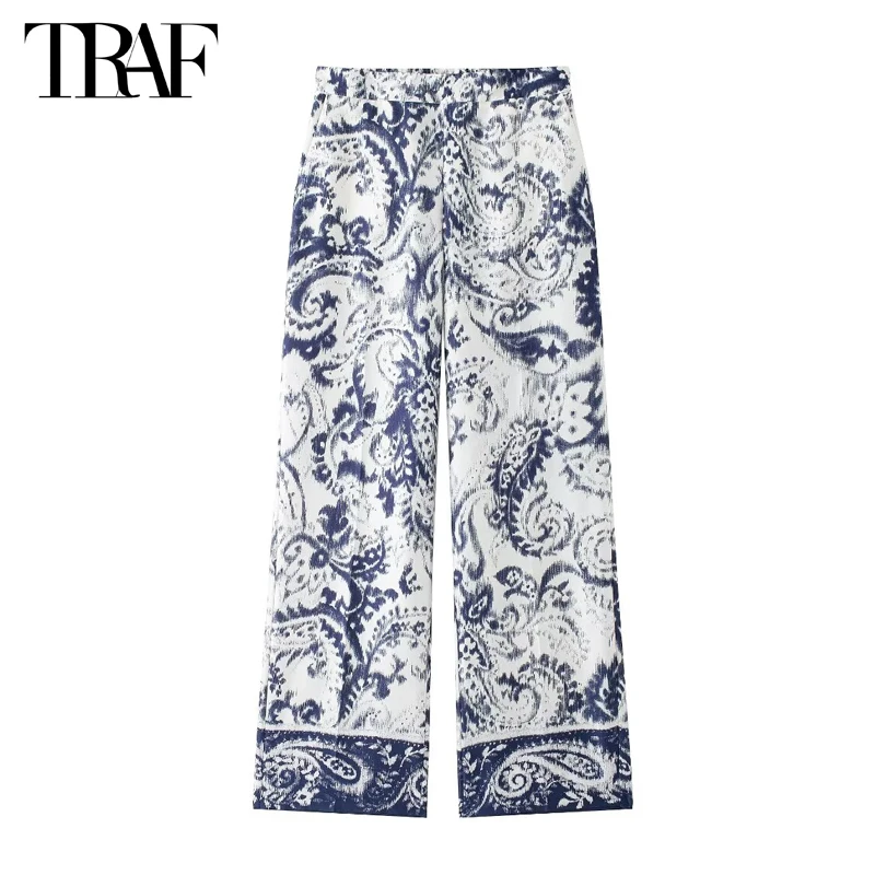 TRAF Print Straight Leg Pants for Women Boho Satin Casual Pants Female Summer High Waist Women Pants Streetwear Woman Trousers