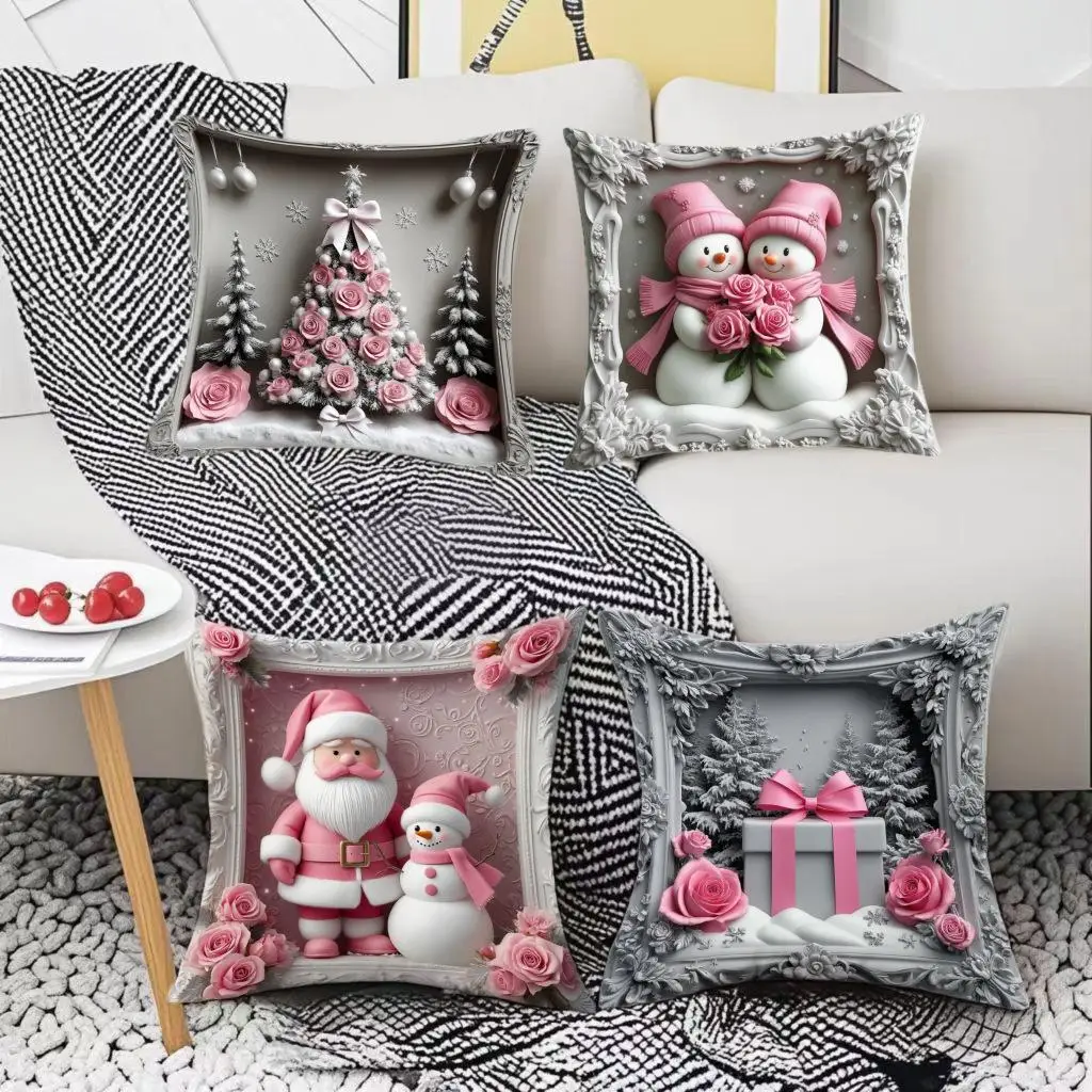 New Pink Christmas Pillow Cover Santa Claus Snowman Print Festive Decorative Cushion Case for Sofa Bed Holiday Home Decor