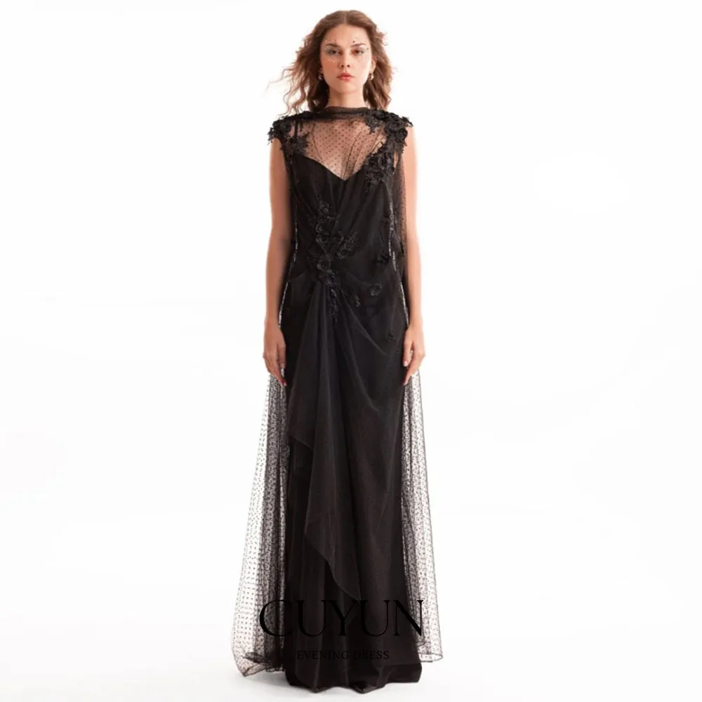 CUYUN カスタマイズされたシックな高級パーティードレス特別な日のドレス花柄アップリケ床までの長さのノースリーブプロムイブニングドレス