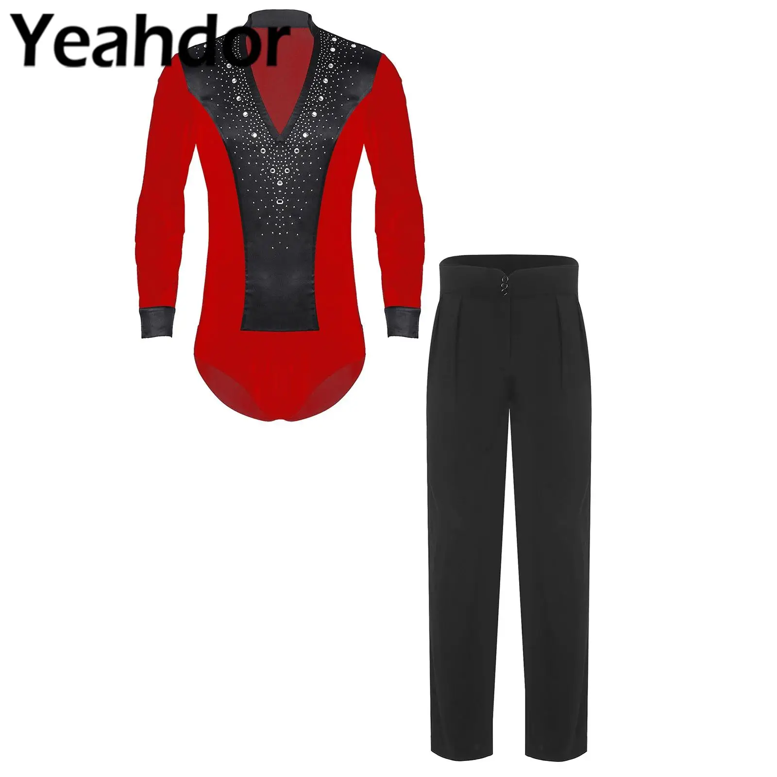 رجل اللاتينية الباليه ملابس رقص الجمباز مجموعات الجمباز كاملة حجر الراين ارتداءها مع السراويل الطويلة لقاعة الرقص زي