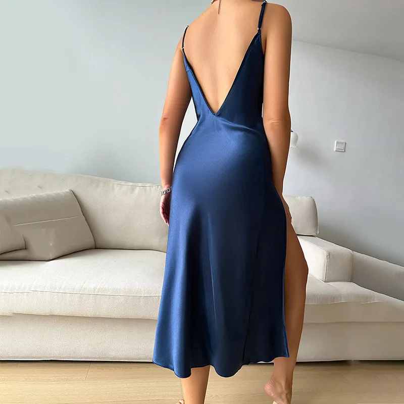 Sexy Split Night Dress Chemise Nightgown Silk Satin Home Dressing Gown Women's Lingerie Leisure Sleepwear Backless Nightdress