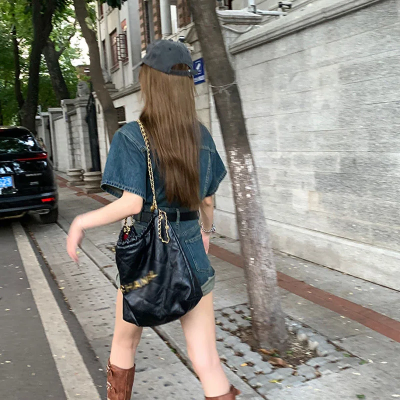 Combinaison courte en Denim pour femmes, décontractée, simple boutonnage, revers Slim, manches courtes, poches, barboteuse, été, 2021, Streetwear, nouveau