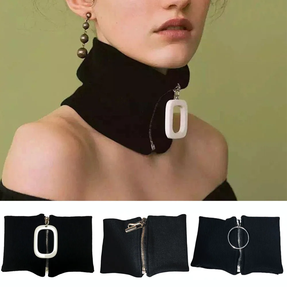 Elastic Knitting Fake Collar Fashion Detachable Neck Protector Fake Collar Ring Big Buckle Zipper Thread  Y2K Windproof Scarf