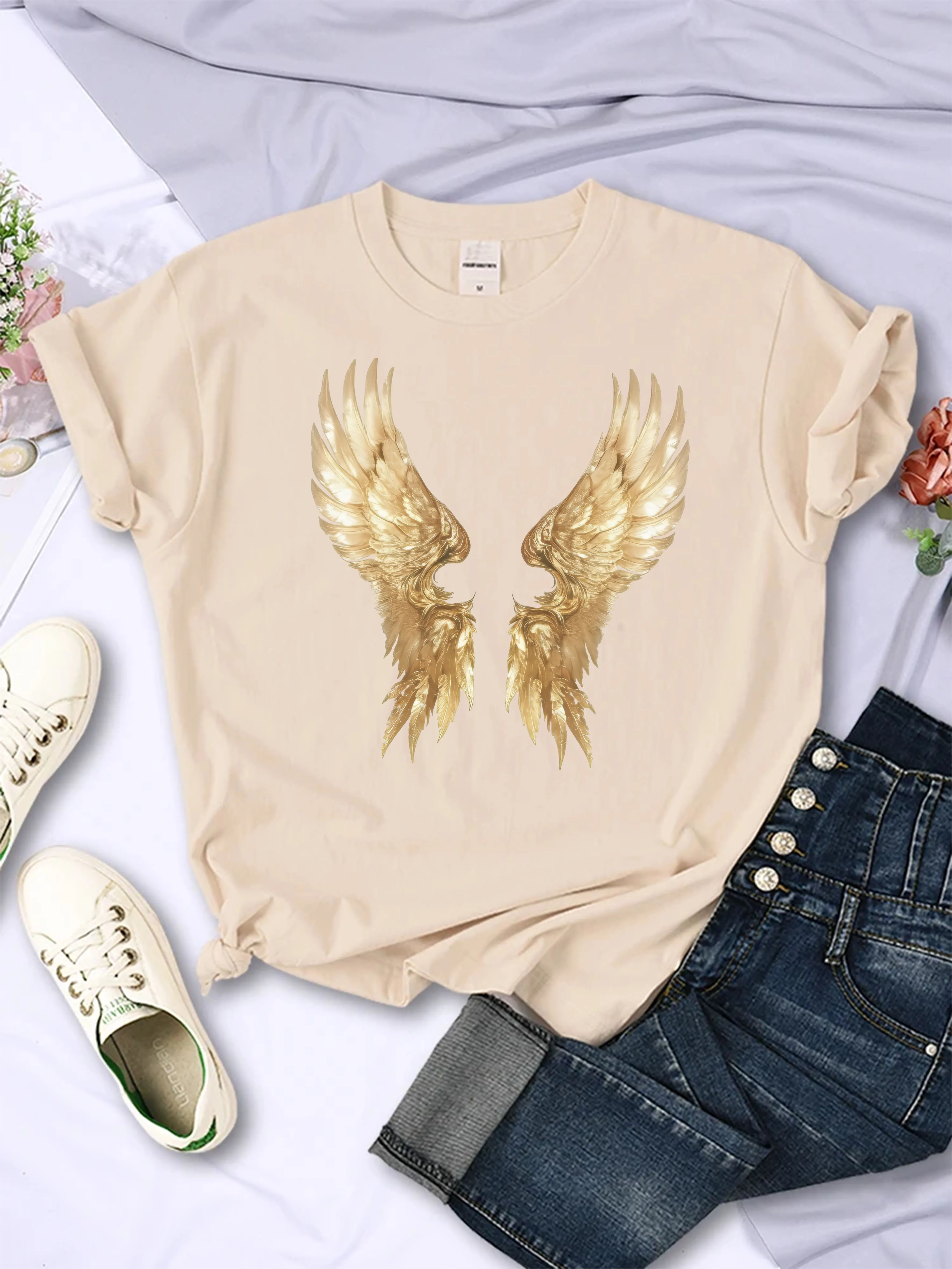 Aquarelle or ailes d'ange Clipart confortable coupe ample col rond T-shirt noël imprimé meilleure vente Style unisexe