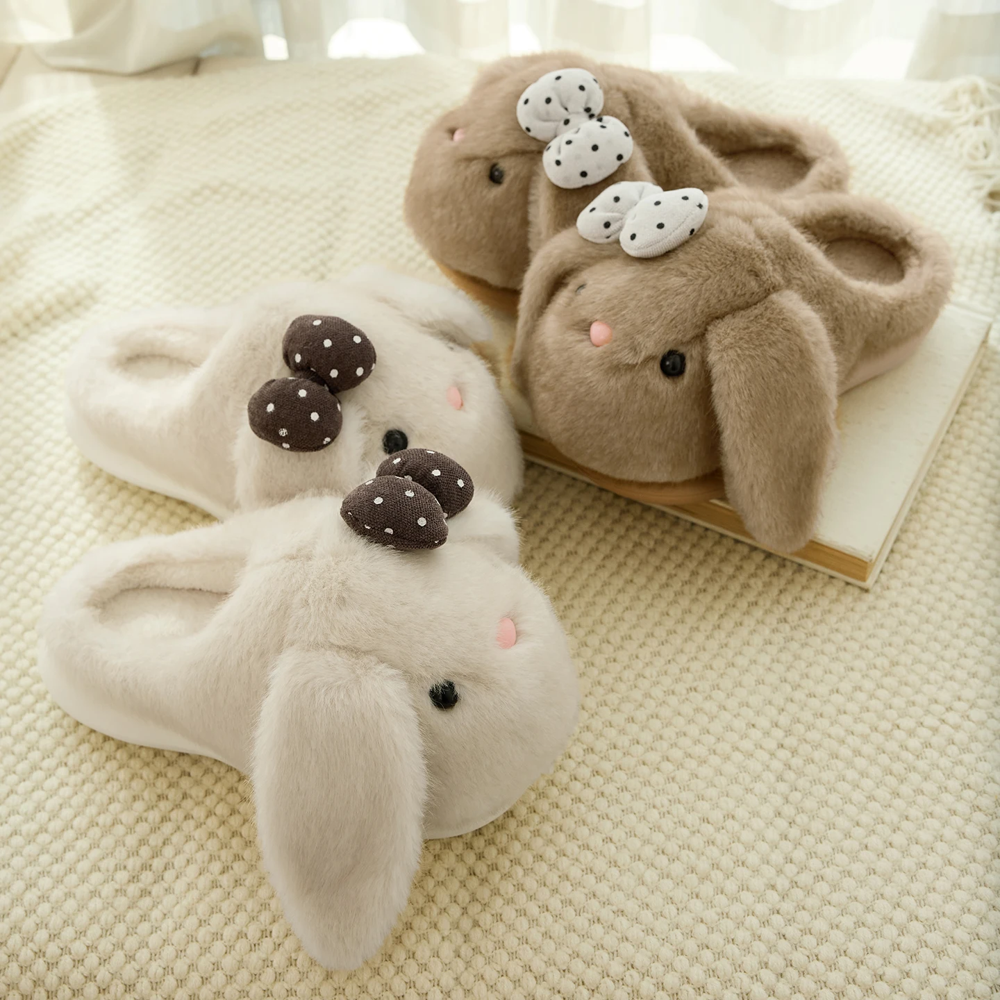 SHAJI Women Long Ear Bunny Plush Slippers Autumn Winter Kawaii Cartoon Non-Slip EVA Sole Indoor Bedroom Home House Shoes