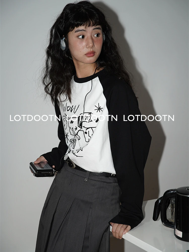 LOTDOOTN Y2K 100% Cotton T-shirts Long Sleeve Patchwork Unisex Vintage Women O-neck  Print Grunge Clothing Fashion Casual TShirt